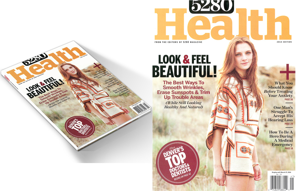 5280 Health magazine cover, 2014 edition, featuring a model in a printed poncho photographed in a field