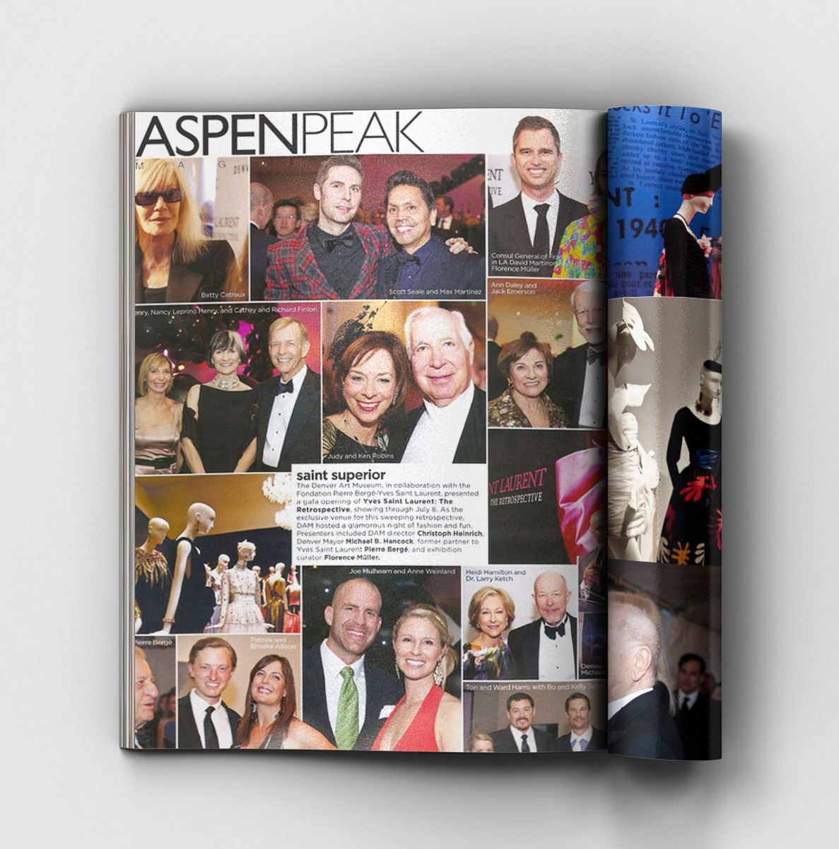 Aspen Peak Magazine event spread covering the Denver Art Museum's Yves Saint Laurent retrospective gala