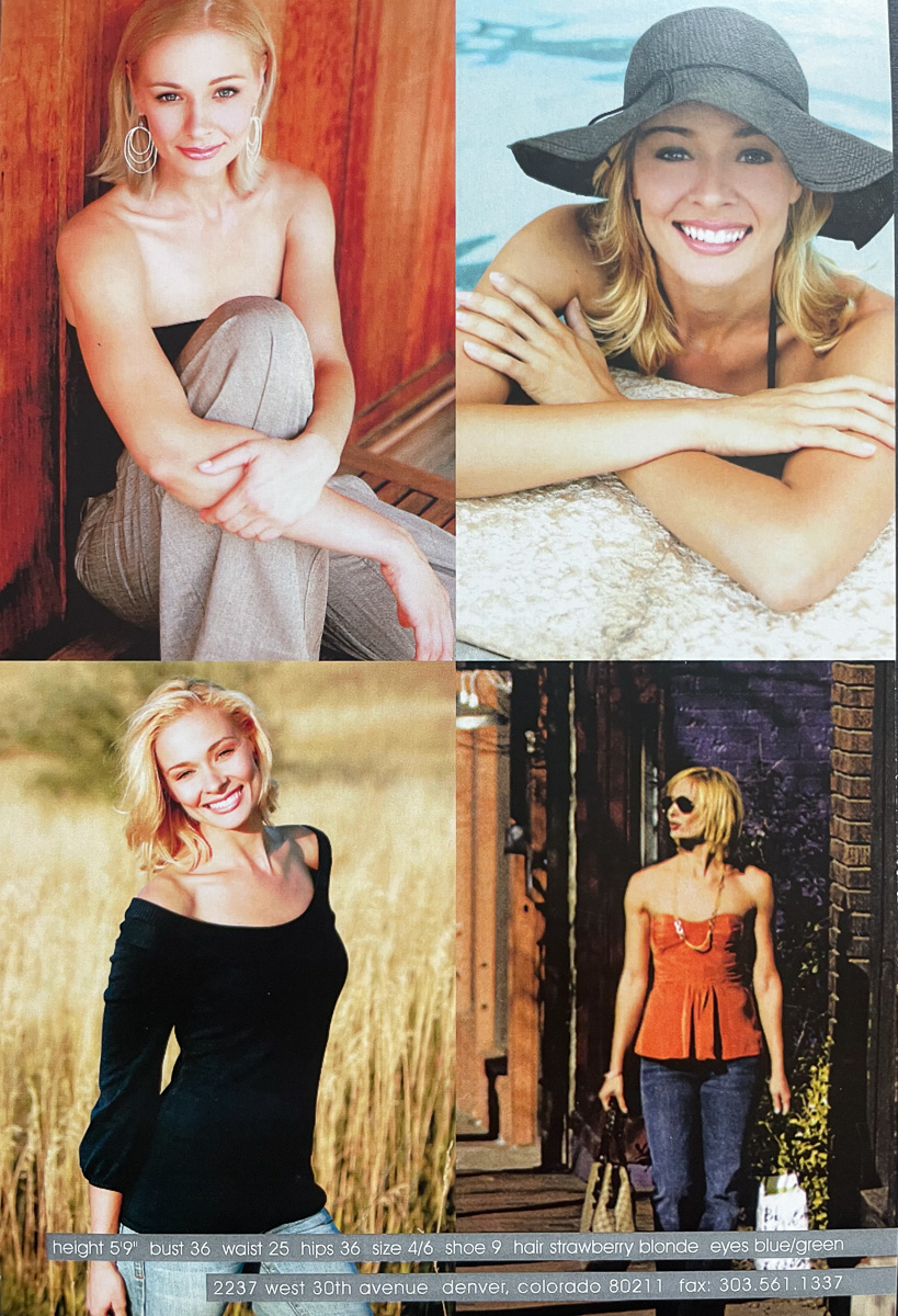 Reverse of the Donna Baldwin Agency comp card, four editorial and lifestyle images of model Renae Vespremi with agency statistics printed below