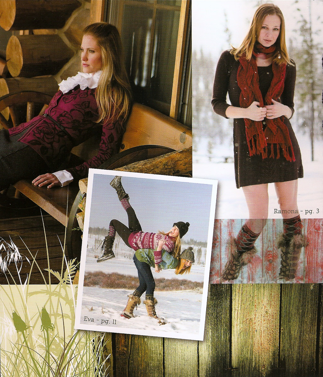 Printed catalog spread for a winter knitwear collection, model Renae Vespremi in a knit dress with red scarf and playing in the snow