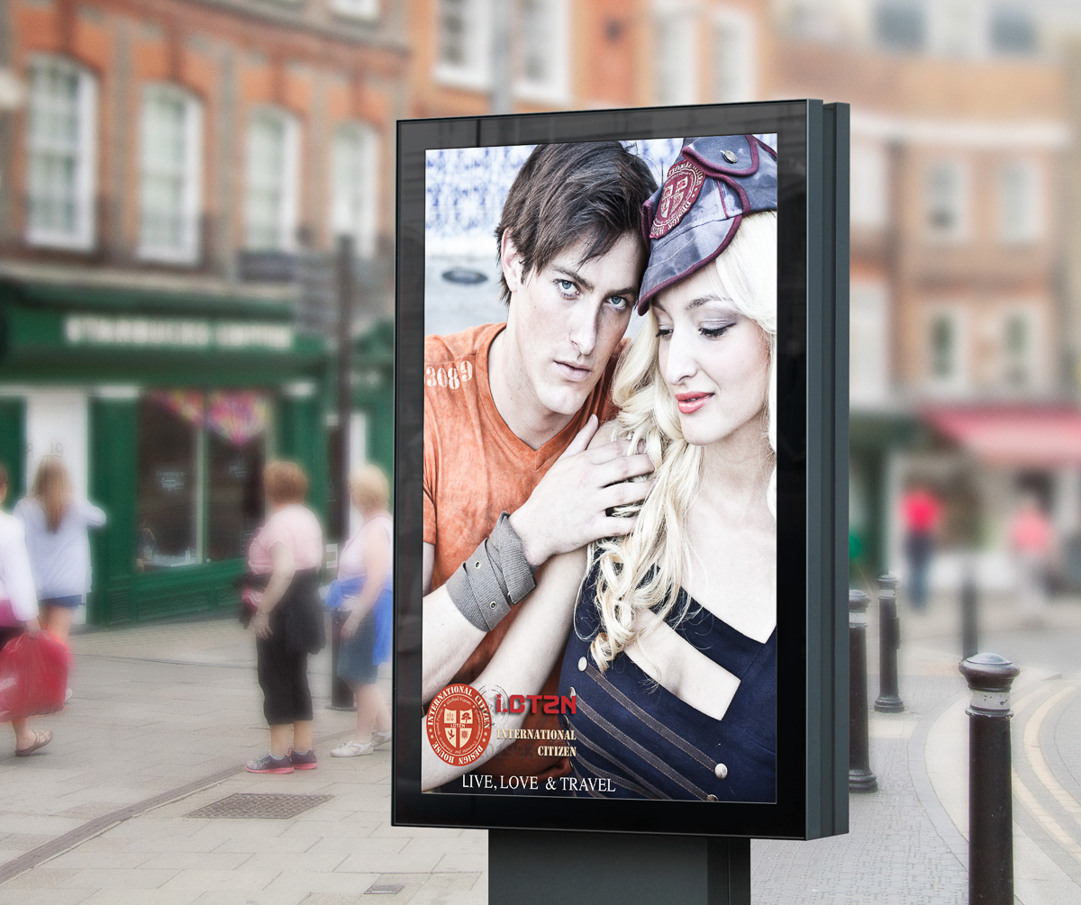 International Citizen spring catalog campaign, a couple embracing on an outdoor street kiosk ad in London