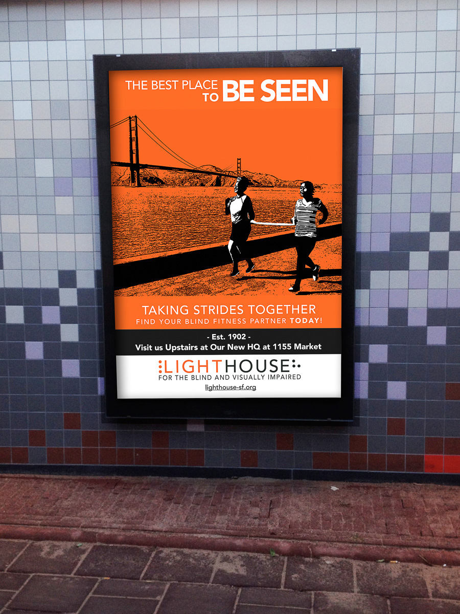 LightHouse for the Blind and Visually Impaired BART advertisement, two people walking along the Golden Gate Bridge in silhouette