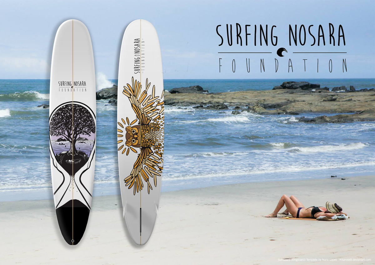 Surfing Nosara Foundation surfboard identity, a handwritten mark and owl illustration by Jake Eames applied to two longboards on a beach