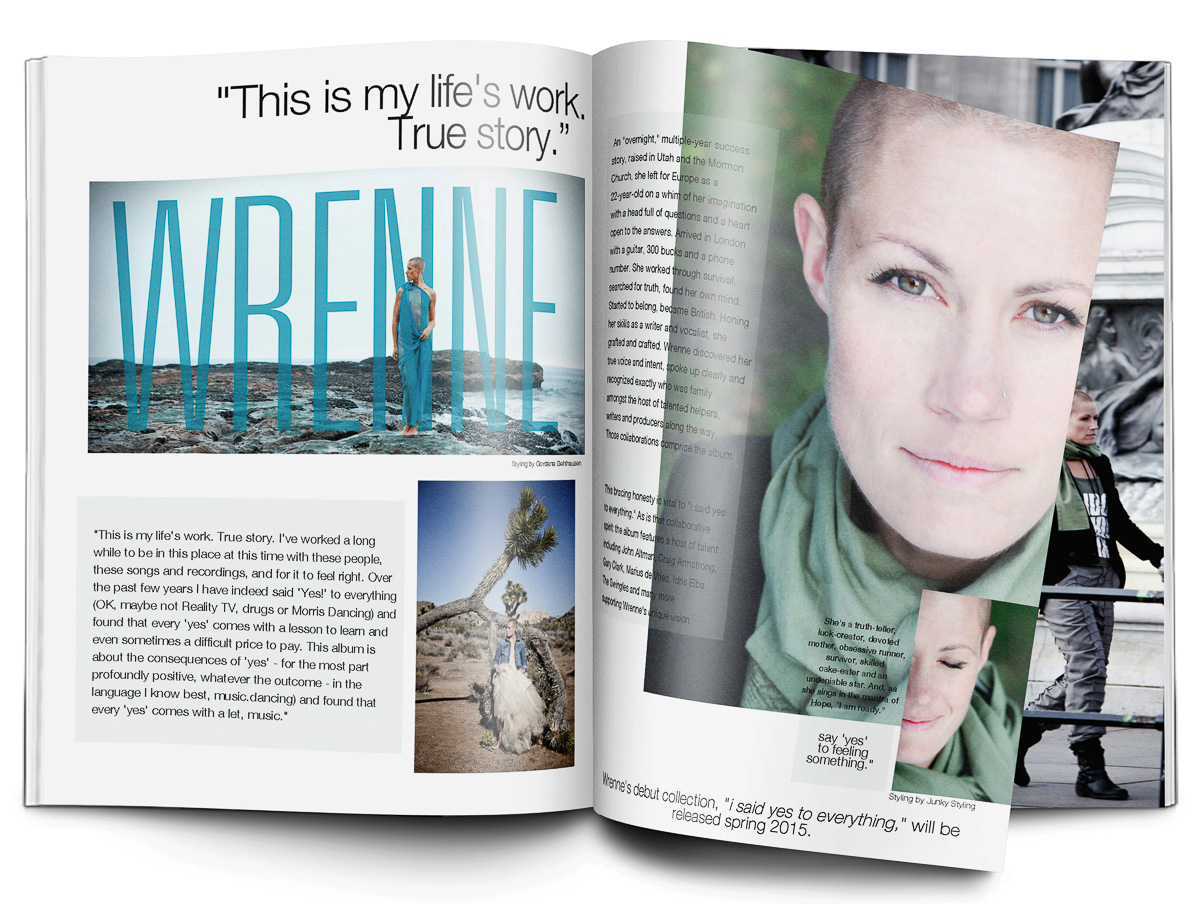 WRENNE editorial magazine spread featuring a full-page portrait and the WRENNE title treatment